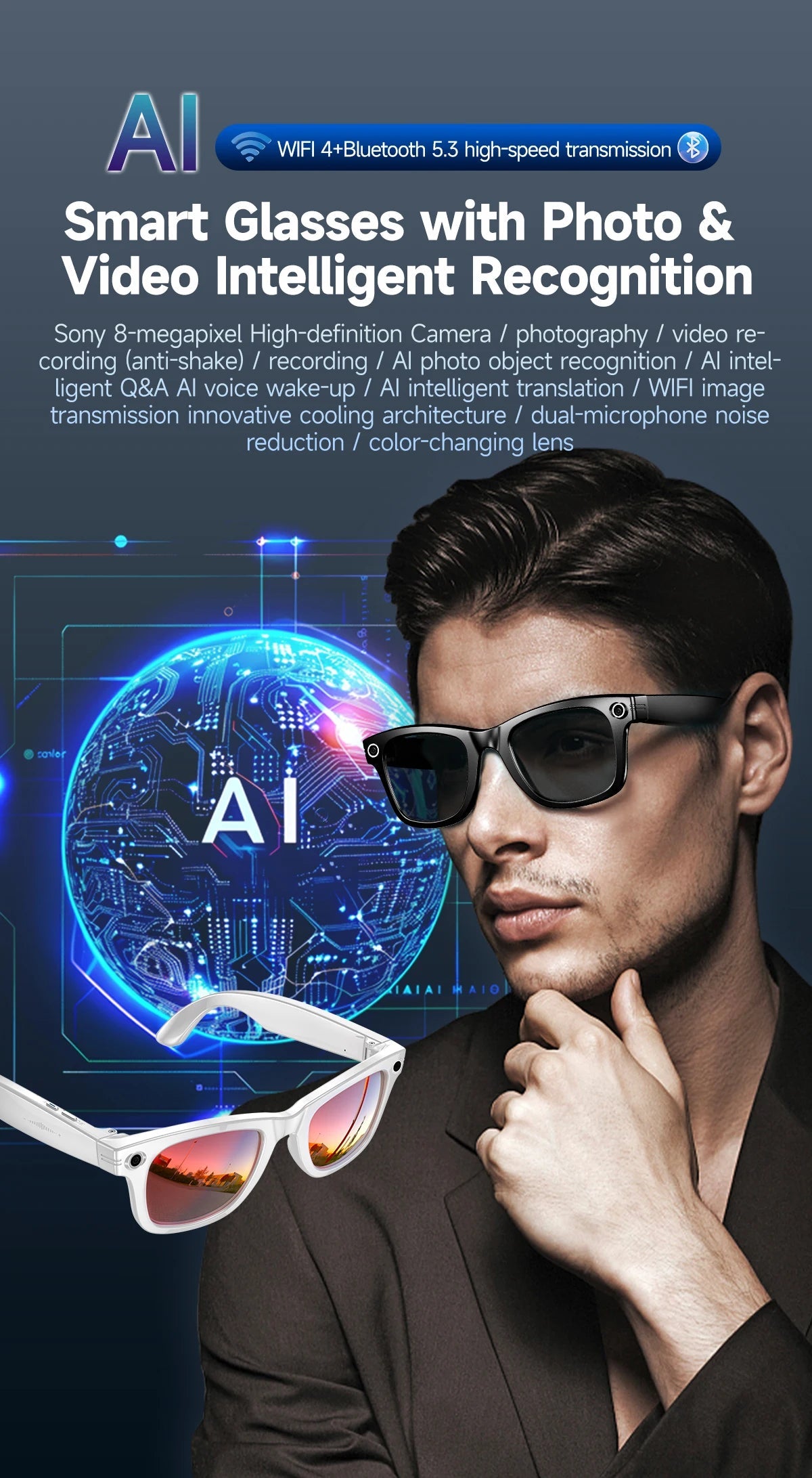 New 800W Camera AI Glasses Men Color-Changing Smart Translation Glasses Photo Video Recording Waterproof Call Smart Sunglasses LevHub